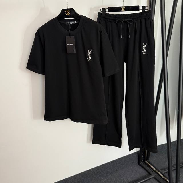 款号20254376 Ysl*新款运动套装，字母Logo刺绣短袖T恤+松紧腰休闲阔腿长裤，白色，灰色，红色，蓝色，绿色，卡其色，黑色，S-Xxl， M码；肩宽4