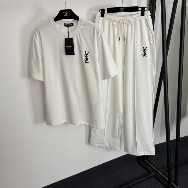款号20254376 Ysl*新款运动套装，字母Logo刺绣短袖T恤+松紧腰休闲阔腿长裤，白色，灰色，红色，蓝色，绿色，卡其色，黑色，S-Xxl， M码；肩宽4