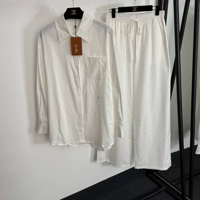 款号20254368 Loro Piana*Lp新款亚麻套装，单口袋简约Logo刺绣 气质长袖衬衣+高腰阔腿长裤，白色，咖啡色，桃粉色，红色，蓝色，粉色，S-X