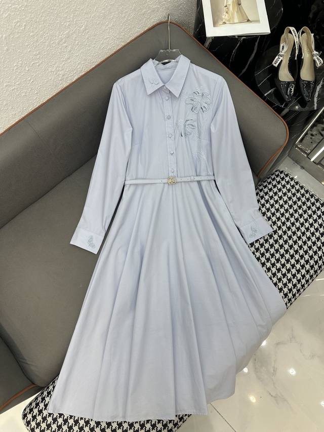 Gucc* 25Ss新款长袖衬衫连衣裙 胸前花朵绣花装饰 搭配腰带 高品质 单色三码Sml.