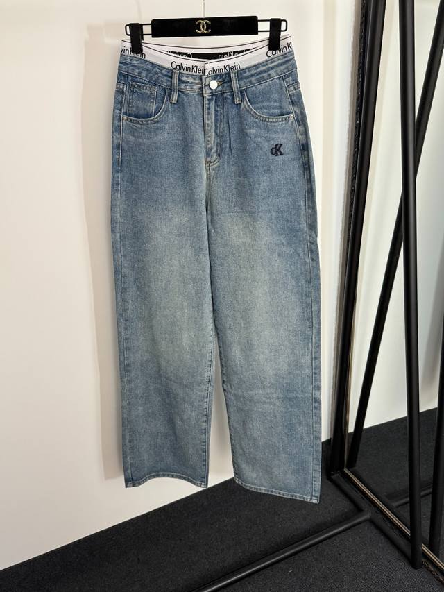 款号20254274 Calvin Klein*Ck新款 字母织带拼接高腰显瘦牛仔长裤，蓝色，S-Xl， M码；腰围70，长110 .