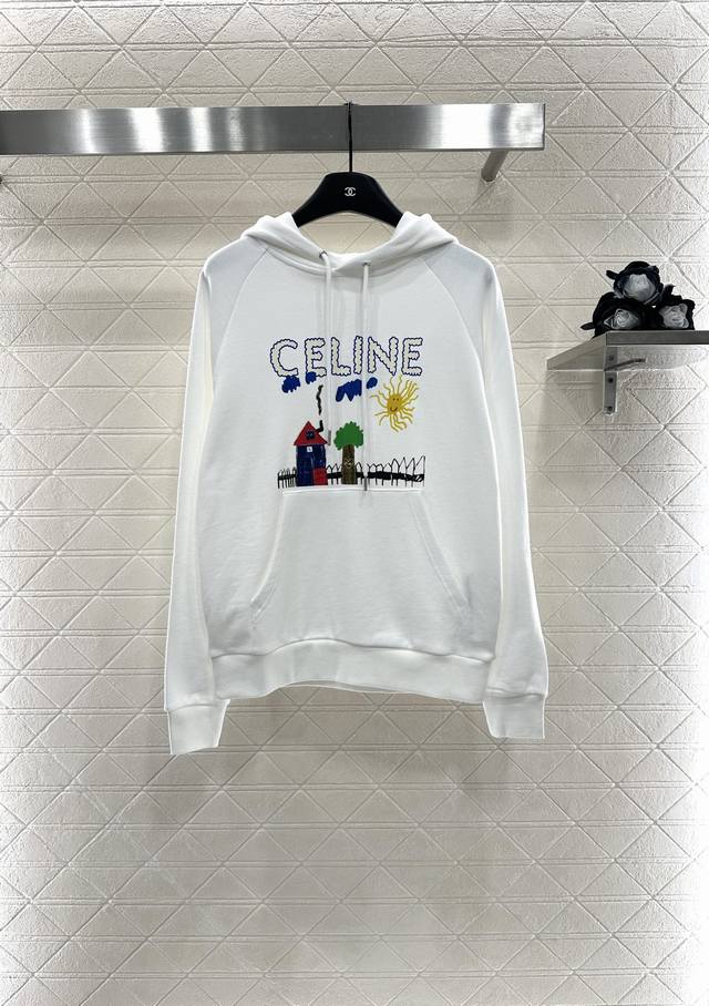 Celin*2025新品上架 印花连帽童趣卫衣定制Yb原生全棉材质 穿搭透气 舒适有型 抽绳连帽卫衣剪裁 版型宽松 胸前标志性字母印花+童趣感手绘插画街景图案