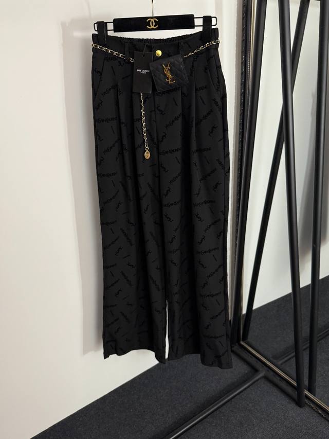 款号20254251 Ysl*新款 五金链条腰包 植绒Logo字母高腰阔腿长裤，黑色，S-Xl， M码；腰围66弹力，长103