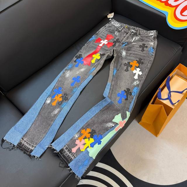 款号：D332Gallery Dept & Chrome Hearts 克罗心联名 拼接彩皮十字架宽松水洗喇叭牛仔裤 真实还原Vintage极致质感原版五金辅料