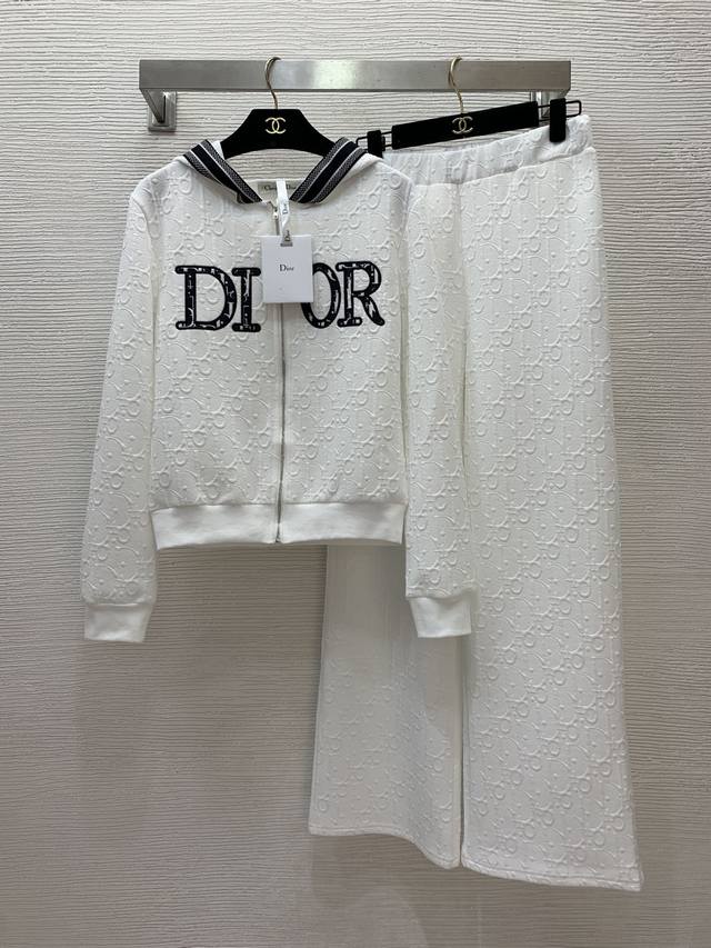 款号D24121945 Dio*新款D家字母Logo立体压花时尚休闲运动套装！Logo织带拼接抽绳连帽P拉链Pp松紧腰宽松阔腿裤P！白色、 M码：胸围94，袖长