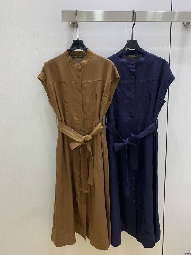 强烈推荐 Lp*2025春夏新款 简约腰带连衣裙 纯亚麻酵洗连衣裙 极简风 修身宽下摆廓形式连衣裙 两个色 Smlxl码 高品质