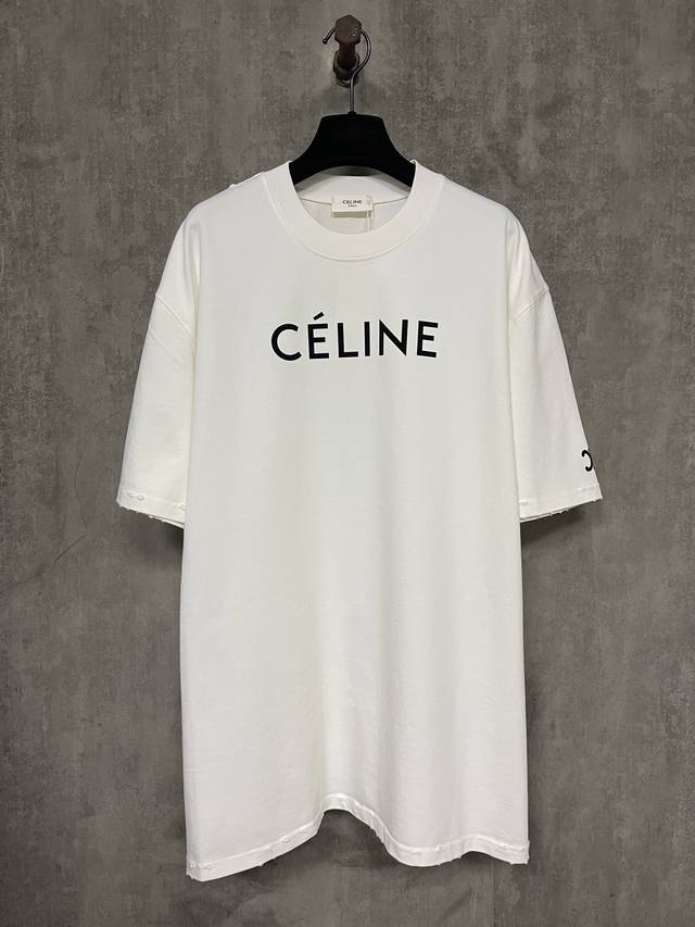 重磅400G Celine赛琳 25Ss Logo植绒印花做破重磅短袖T恤面料高定超重磅全棉双纱紧密新疆棉 克重400克 搭配2*2索罗娜罗纹 420G 布面干