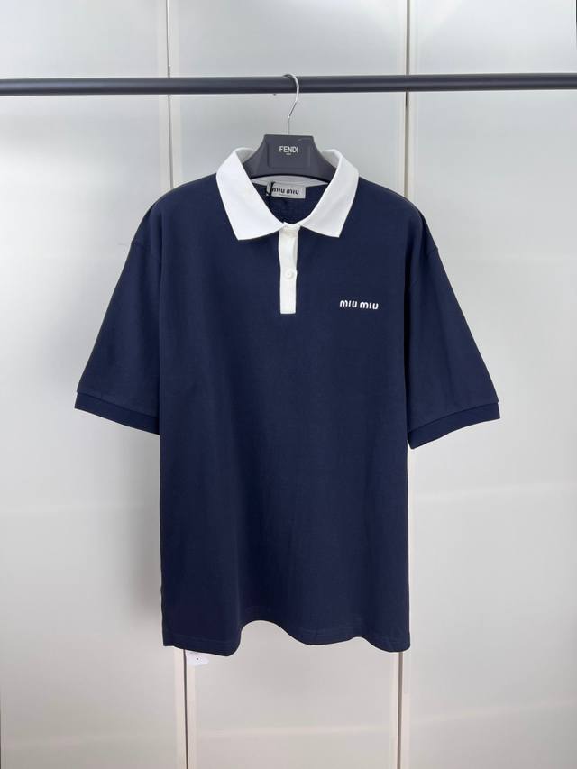 Miumiu缪缪字母刺绣撞色罗纹Polo衫S M L Xl