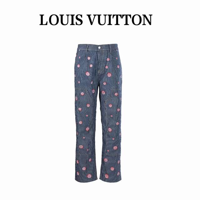 Louis Vuitton Lv 联名款樱花刺绣竖条纹套装牛仔长裤 王嘉尔同款，原版24500，高订面料采用，430G定制全棉条纹面料，裁片对位刺绣，纽扣都是一