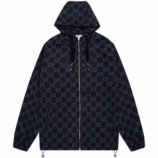 款式:Gucci古驰满印双G印连帽拉链夹克外套 码数:M-Xxxl 全套辅料定制 颜色:黑色