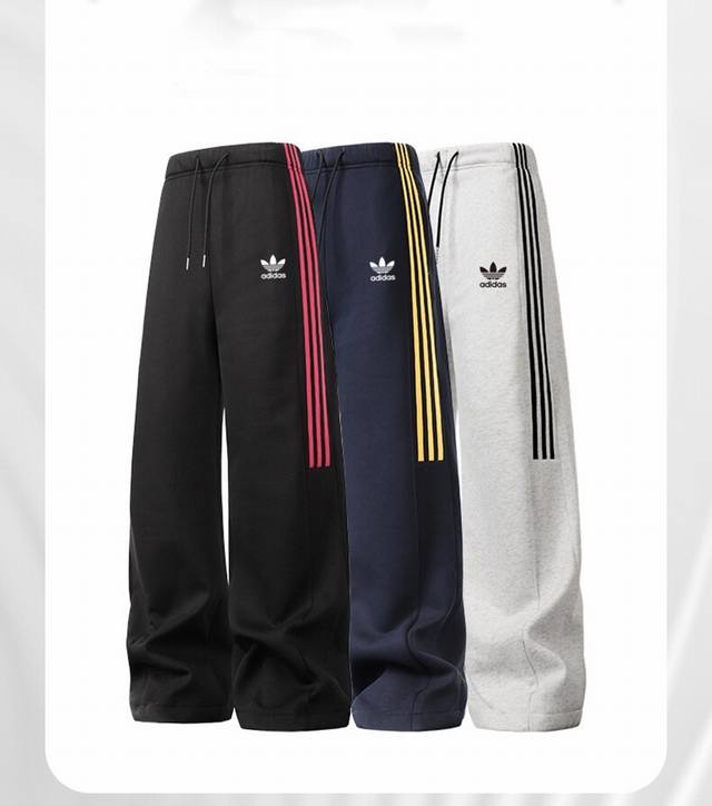 Adidas 阿迪达斯25春季情侣款直筒运动裤 男士卫裤潮流学院风女神男神青年长裤子 胶印印花三叶草Logo三道杠经典运动休闲长裤经典基础直筒裤侧边三条杠织带卫