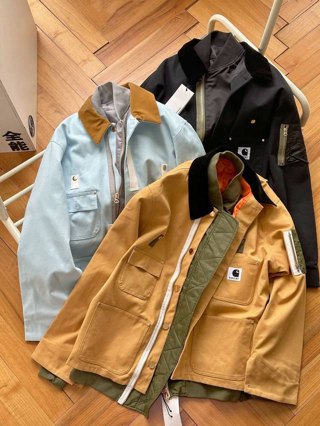供 升级版本 Sacai×Carhartt卡哈特 全码出货 联名 双层解构 假两件夹克空军外套 卡其 蓝色 黑色 0-3码相当于S-Xl 外层420G重磅帆布面