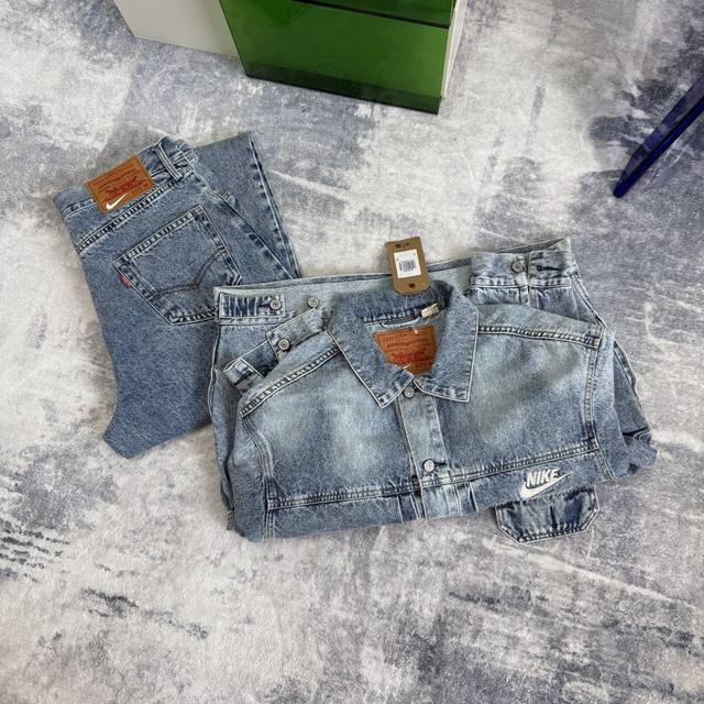 衣服 ，裤子260，Levi’S X Nike 联名款 纽扣双口袋Logo印花宽松休闲舒适翻领牛仔夹克外套 牛仔裤，各路大咖明星同款， 颜色：图片色 尺码：S