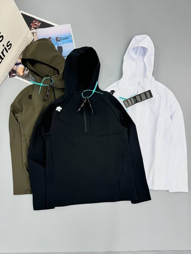 Descente 迪桑特户外跑步运动健身训练套头衫半拉链机能连帽卫衣外套 户外运动持续干爽 吸湿速干 防风保暖面料 可呼吸的织物 升级更高规格 复合层压面料 你