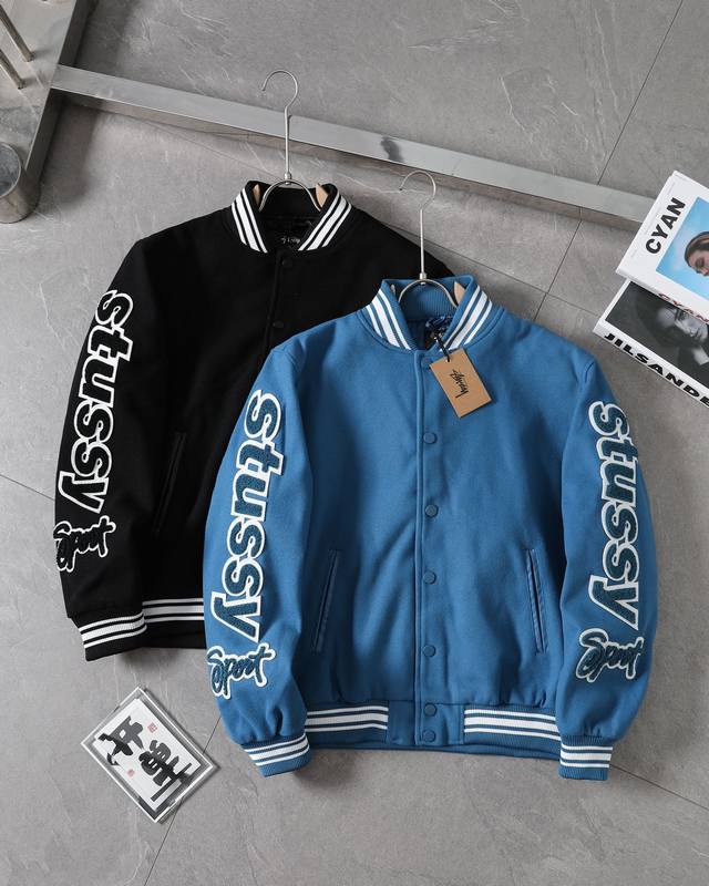 薄款 加厚 斯图西双袖植绒贴布棒球服 Stussy新款24Ss Varsity Jacket 双袖植绒贴布刺绣棒球服 男女同款 春夏 高热单品双袖经典的字母贴花