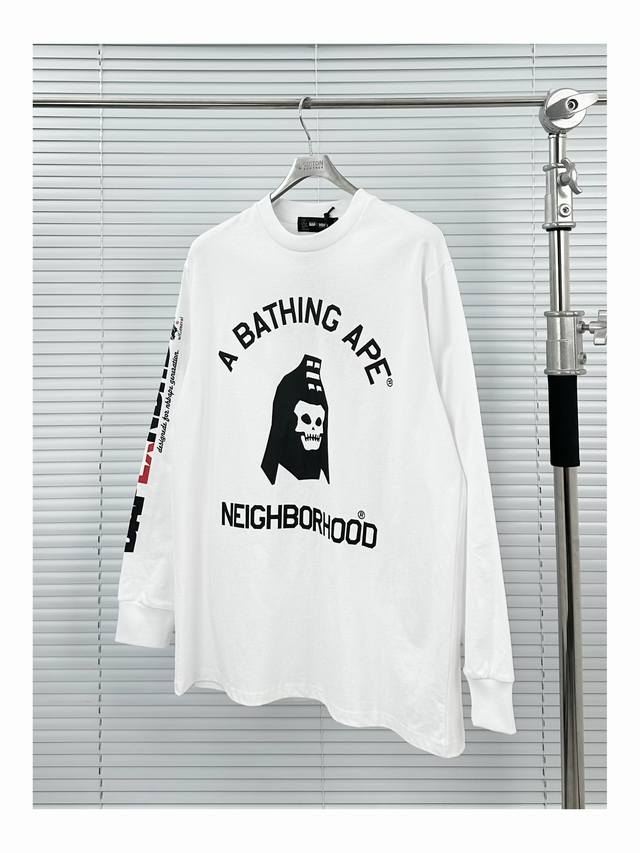 Bape联名Nbhd长袖打底衫 黑色 白色 灰色 S-Xl Bapenbhd联名款25秋冬骷髅头印花图案圆领长袖T恤 潮流玩家必入！ Bape × Neighb