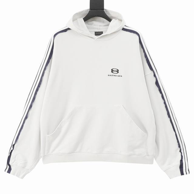 Balenciaga 巴黎世家 25Fw 拼接织带连帽卫衣帽衫 独家定织 G双纱毛圈面料 奶油灰色订染大身配套罗纹 订做五坑条拼接通肩工艺织带 双环字母百灵达进