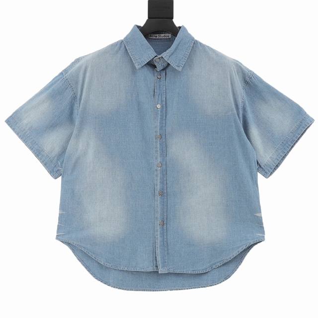 Acne Studios 25Ss Ac做旧字母Logo牛仔短袖衬衫 洗水蓝 洗水褪色 喷马骝猫须做旧 Size:S-Xl