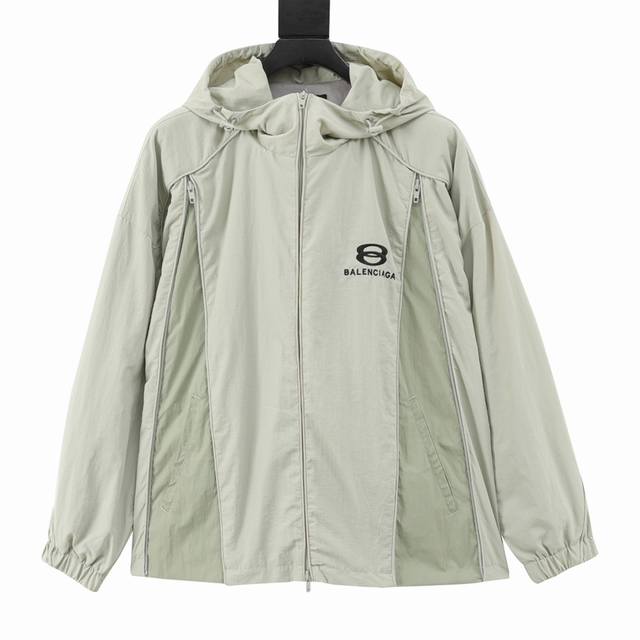 Balenciaga 巴黎世家 字母刺绣拉链连帽夹克外套 刺绣：直线挺直，曲线圆顺；针迹整齐，边缘无参差现象；绣面平服，丝缕不歪斜；针距一致，不露底，不重叠；绣