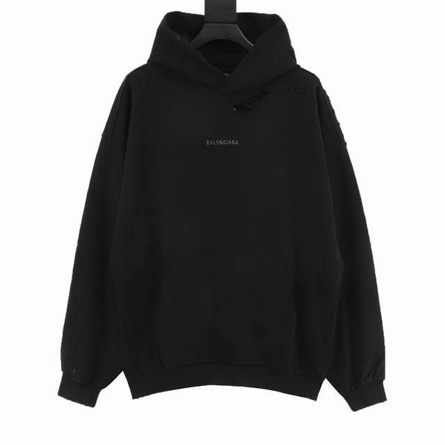Balenciaga巴黎世家Blcg 后背烫钻破洞连帽卫衣 定制双股线水洗大卫衣料，不规则的破洞设计，叛逆的破坏复古感，采用高温气蹦机压烫，利用热能和压力对布料