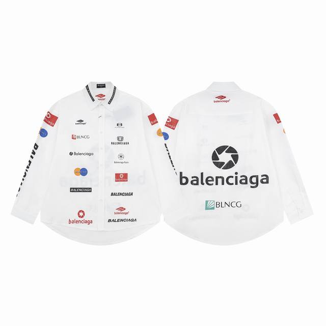 款号C113 23Ssbalenciaga巴黎满印赛车风衬衣 走线细腻，左右袖多元素Logo采用印花工艺，肩部下摆采用纯手工磨烂效果，采用双压线工艺，后幅采用超
