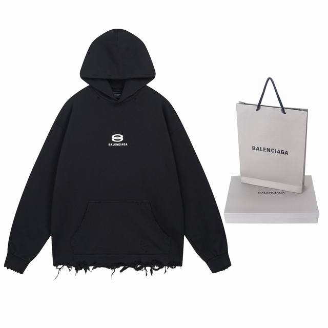 实拍图 顶级版本.官网品质 Balenci*Ga 巴黎Balenci*Ga#新款，双环Logo经典刺绣水磨烂破坏做旧连帽卫衣.砖柜同步。做旧磨烂Zp一致，欢迎对