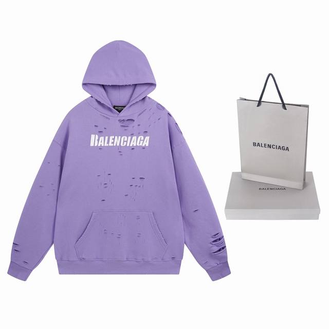 细节图 顶级版本.官网品质 Balenci*Ga 巴黎.经典款. 22Ss#Balenci*Ga#艺术破洞加绒内两件套带帽卫衣。秋冬季砖柜同步.欢迎对比 面料采