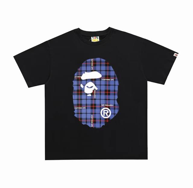 001242款A Bathing Ape Logo Check Big Head Tee 猿人格纹短袖T恤 男女同款 码数Smlxlxxl 黑蓝，白蓝，黑红，白