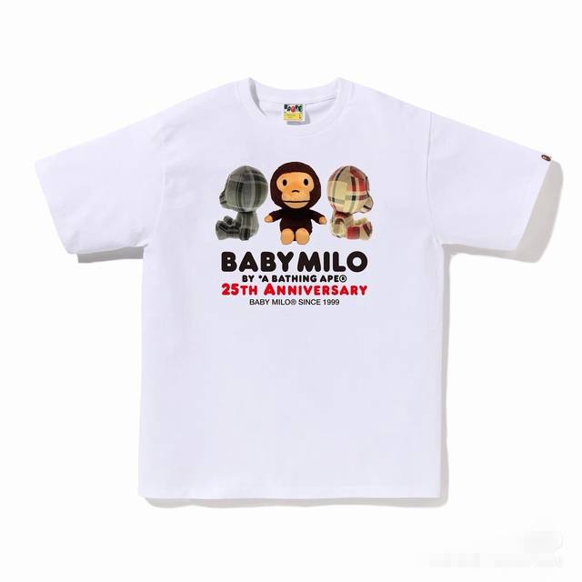 001101款Bape Fw24 Baby Milo 25周年系列三丽鸥联名卡通小猴印花图案圆领短袖T恤 男女同款 码数Smlxlxxl 黑色白色