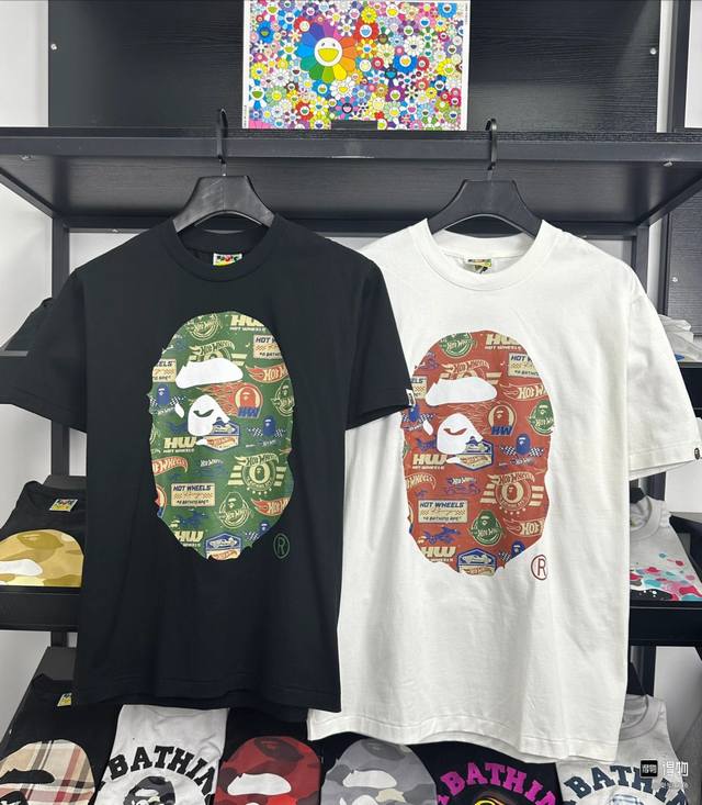 001004款A Bathing Ape X Hot Wheels 联名款 猿人头系列 印花圆领套头短袖T恤 男女同款 码数Smlxlxxl 黑色白色