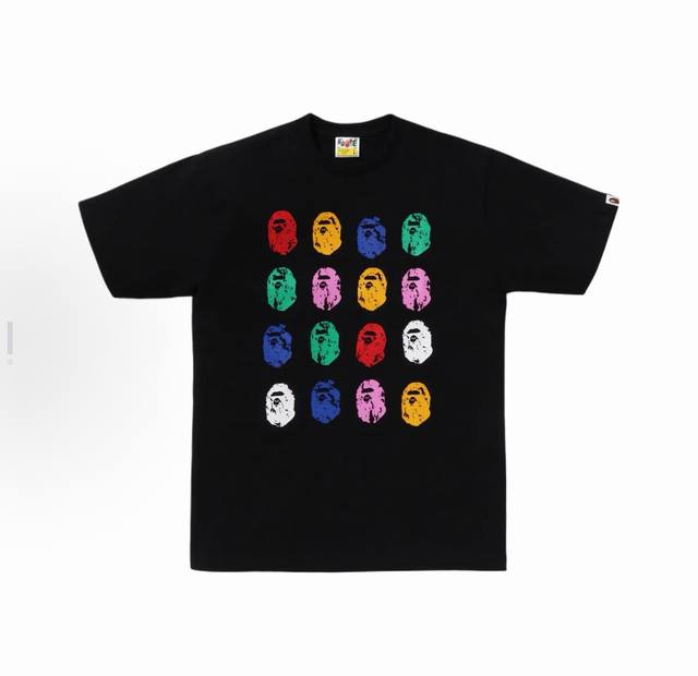 001118款Bape Ss25 32周年纪念 彩色猿人头图案印花袖口徽标圆领舒适短袖T恤 男女同款码数Smlxlxxl 黑色白色