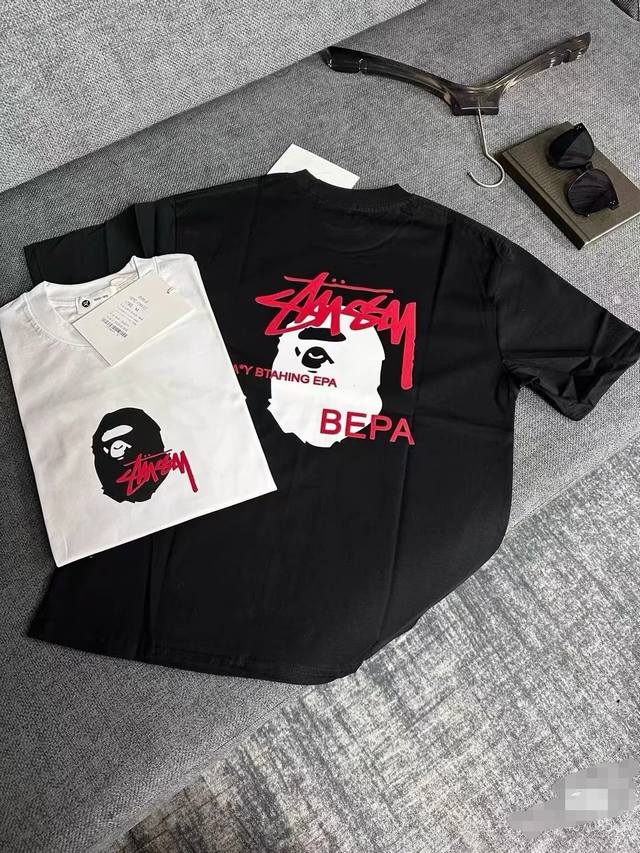 001069款Bape斯图西Stussy联名款印花短袖T恤，男女同款，码数Smlxlxxl ，黑黄，白黄，黑红，白红