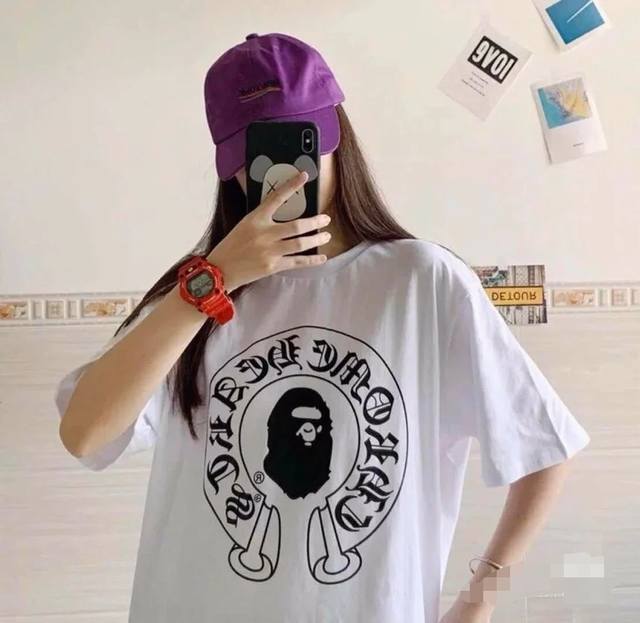 001089款Bape X Chrome Hearts联名款印花短袖T恤 男女同款 码数Smlxlxxl 黑色白色