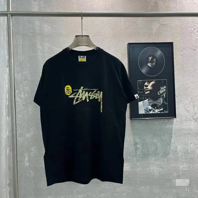 00177款Bape鲨鱼嘴Stussy斯图西联名款短袖T恤 男女同款 码数Smlxlxxl 黑色