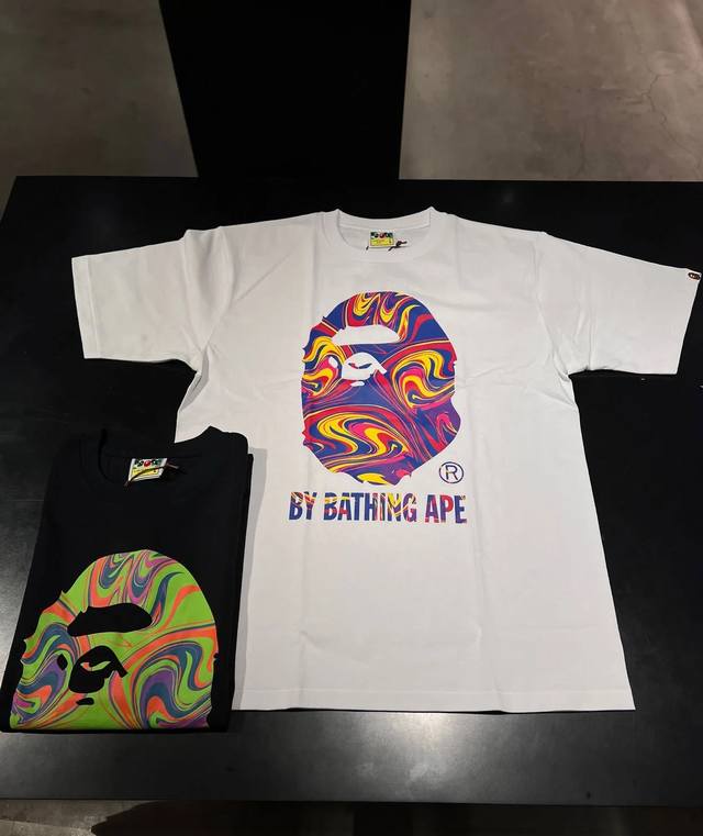 00152款A Bathing Ape Fw23 大理石纹撞色猿人圆领短袖T恤 男女同款 码数Smlxlxxl 黑色白色