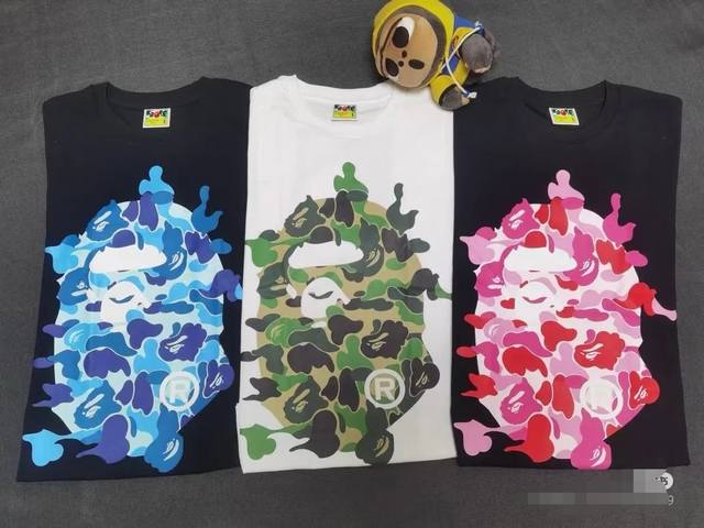 00112款A Bathing Ape Ss24 迷彩猿人头印花短袖T恤 男女同款 码数Smlxlxxl 黑粉，白粉，黑蓝，白蓝，黑绿，白绿