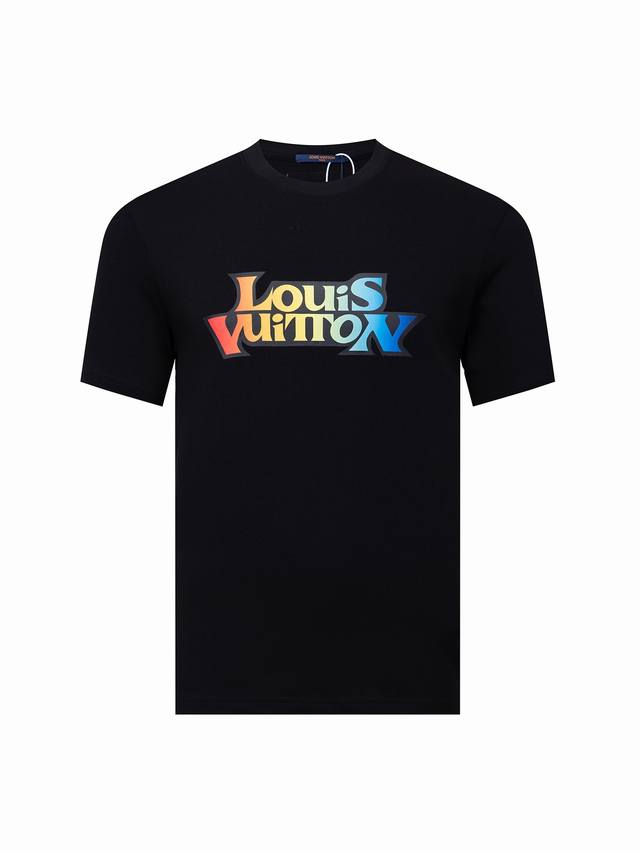 特价 黑色M Zp版本 - Louis Vuitton标志渐变色印花 短袖T恤 男女同款 -采用原版250G定制进口超滑双纱平纹面料 螺纹同缸定染零色差 独家品