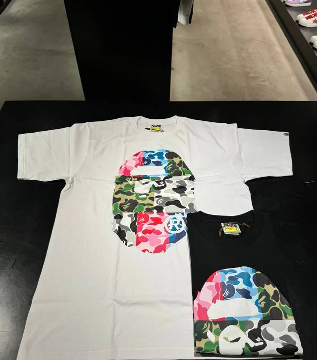 00180款A Bathing Ape Fw23 猿人头印花短袖圆领休闲T恤 男女同款 码数Smlxlxxl 黑色白色
