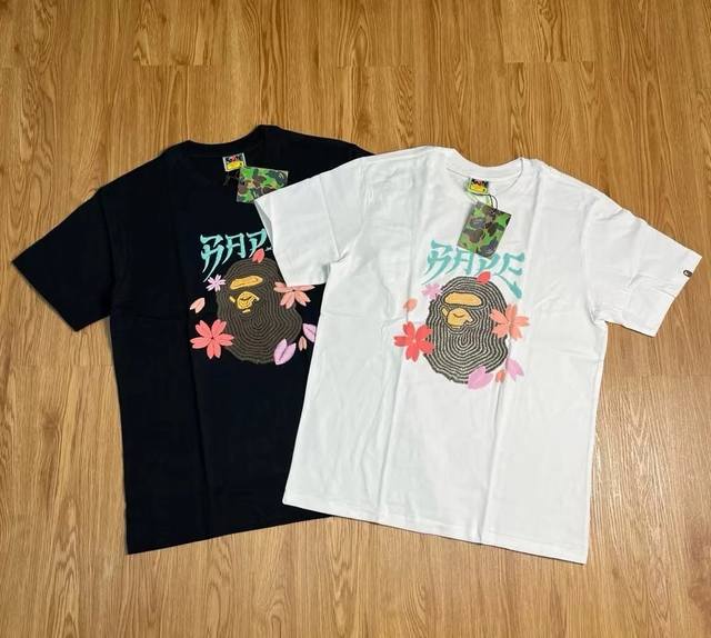 00164款Bape 猿人头樱花系列印花短袖T恤 男女同款 码数Smlxlxxl 黑色白色