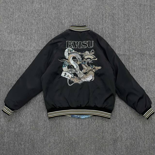 福神Evisu 2025春季 蛇年新春限定系列腾蛇刺绣和日式图腾棒球领合身印花双面宽版横须贺夹克外套 男款 S 插肩长76 胸围112 衣长64 M 插肩长77