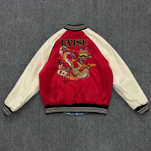 福神Evisu 2025春季 蛇年新春限定系列腾蛇刺绣和日式图腾棒球领合身印花双面宽版横须贺夹克外套 男款 S 插肩长76 胸围112 衣长64 M 插肩长77