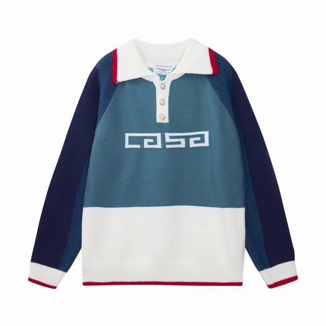 Casablanca 24年秋冬新款拼色Polo针织套头毛衣 颜色：浅蓝 深蓝 码数: M L Xl Xxl