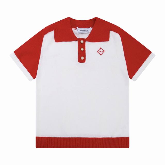 Casablanca 24年春夏新款满印提花针织短袖珍珠扣Polo衫 颜色：红色 码数:M L Xl Xxl
