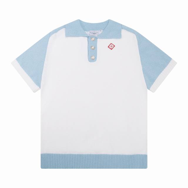Casablanca 24年春夏新款满印提花针织短袖珍珠扣Polo衫 颜色：蓝色 码数:M L Xl Xxl