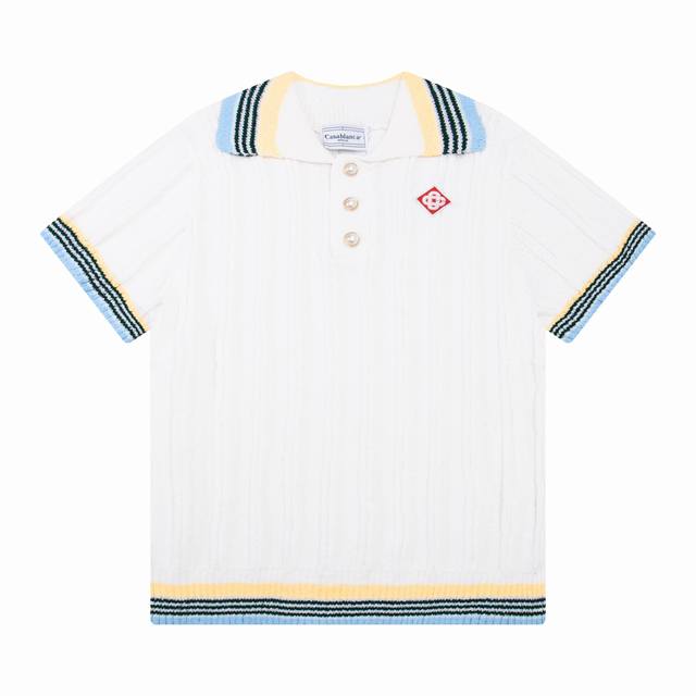 Casablanca 24年春夏新款满印提花针织短袖珍珠扣Polo衫 颜色：白色 码数:M L Xl Xxl