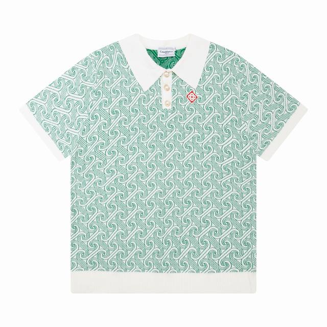 Casablanca 24年春夏新款满印提花针织短袖珍珠扣Polo衫 颜色：绿 码数:M L Xl Xxl