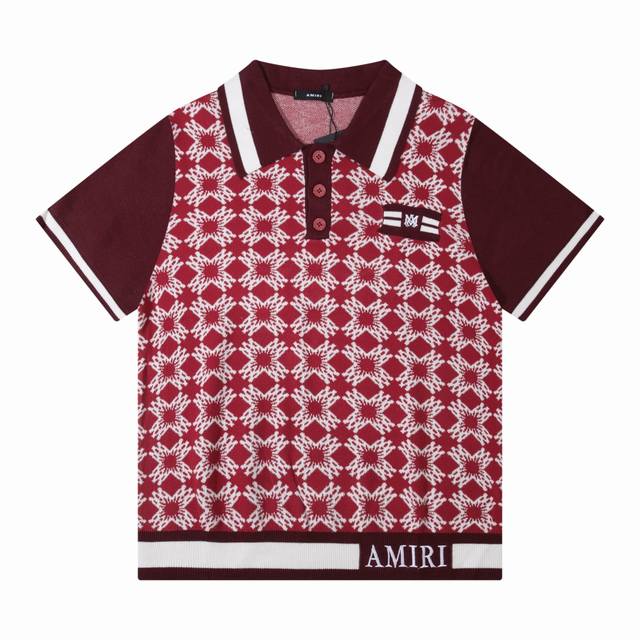 Amiri 拼接提花 Polo刺绣针织T恤短袖 颜色：蓝色 红色 码数：M L Xl Xxl