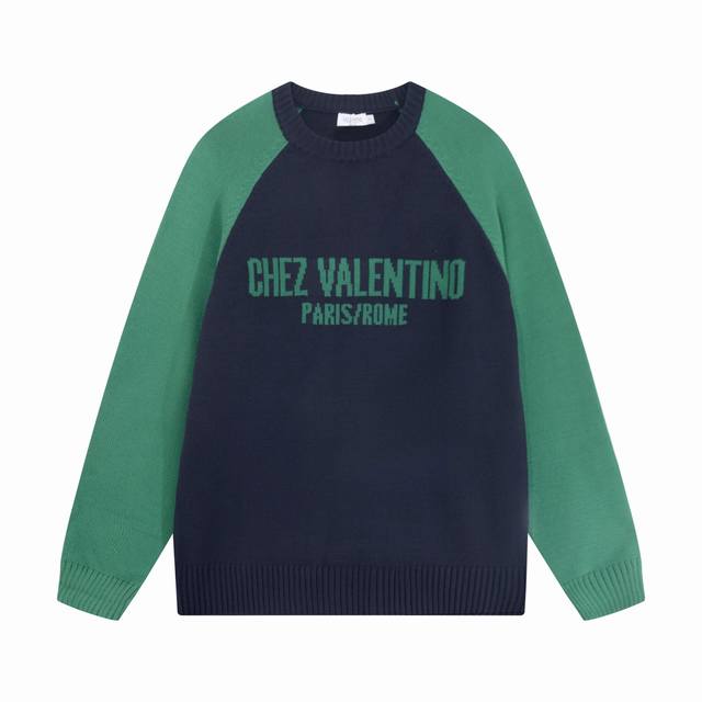 Valentino 华伦天奴 Vt家拼接 Logo字母提花圆领毛衣 颜色：蓝绿 码数：S M L Xl Xxl