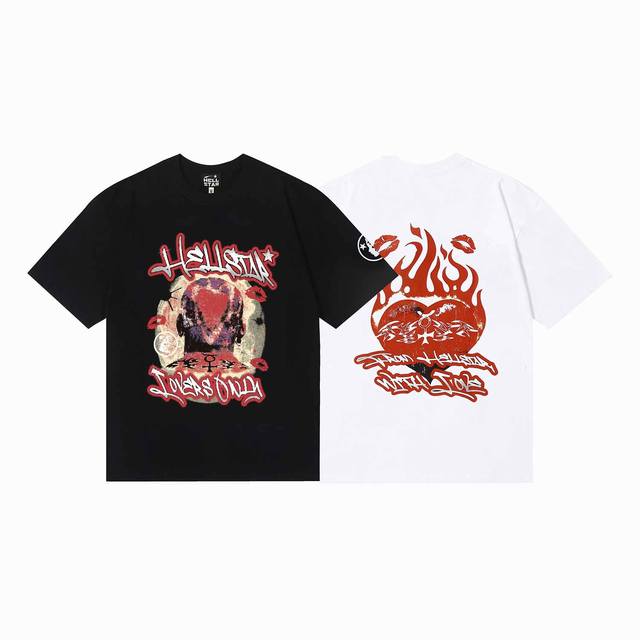 6609# 美式 Hellstar 地狱之星 Studios Lovers Tee 人像火焰心男女纯棉短袖 T恤 顔色：白色 黑色 码数：S M L Xl