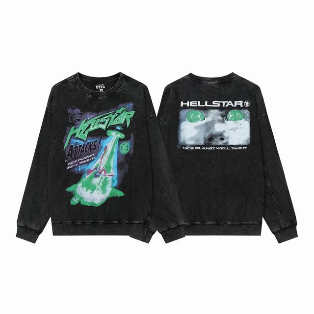 2201# 洗水 欧美潮牌地狱之星 Hellstar 洗水做旧美式男女情侣休闲宽松圆领无兜套头卫衣 颜色：黑色 码数：S M L Xl
